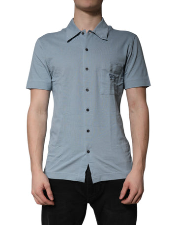 Blue Cotton Button Down Casual Men Polo Shirt
