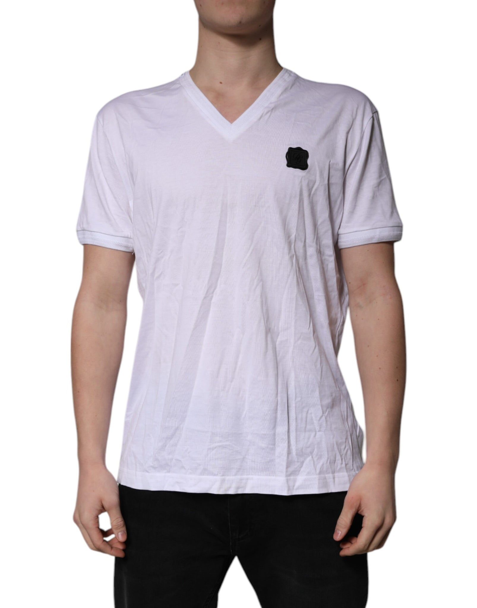 White Cotton Logo Patch V-neck Tee T-shirt