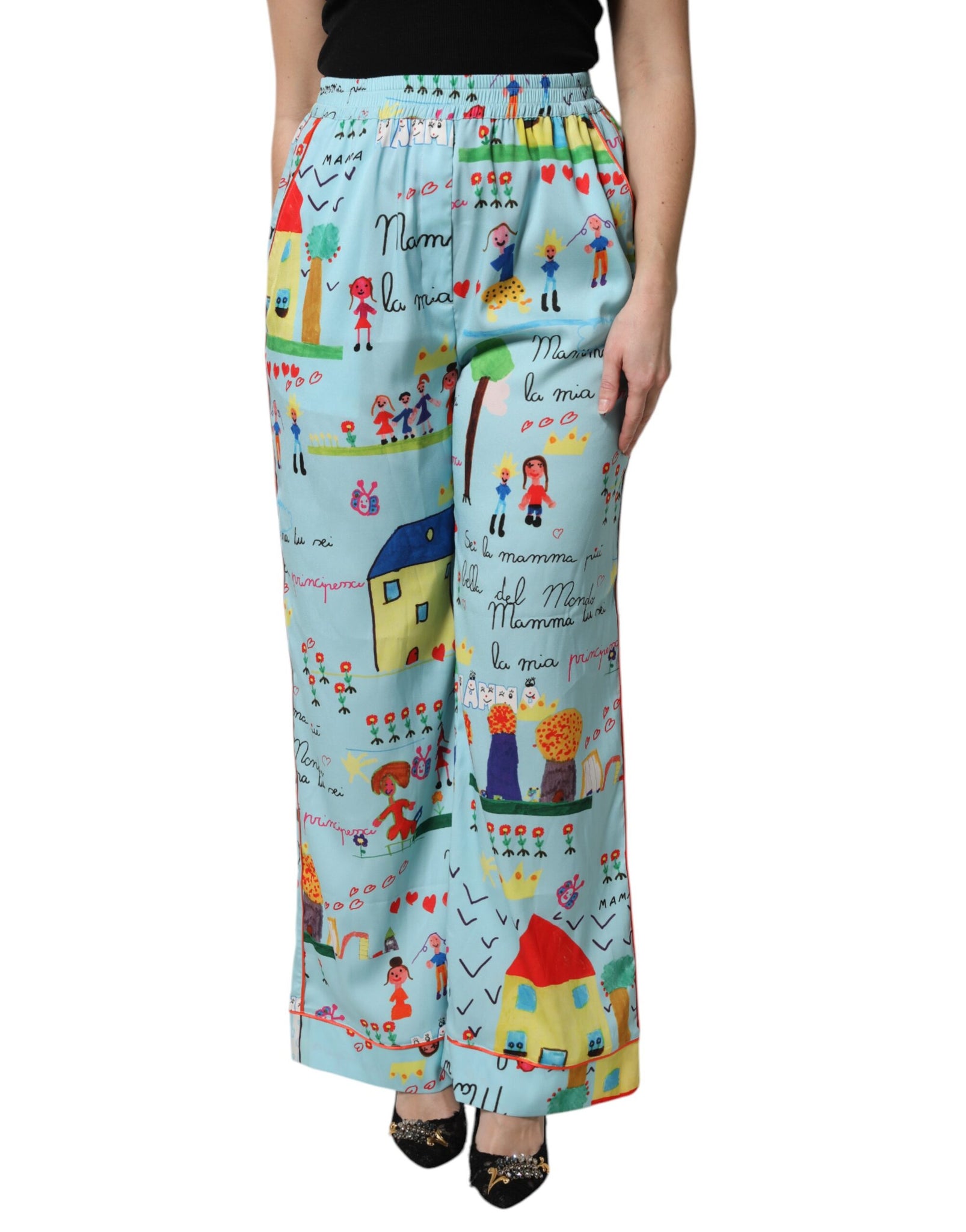 Light Blue Drawing Mid Waist Wide Leg Pants