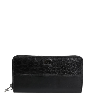 Black Leather Logo Plaque Zip Around Continental Wallet