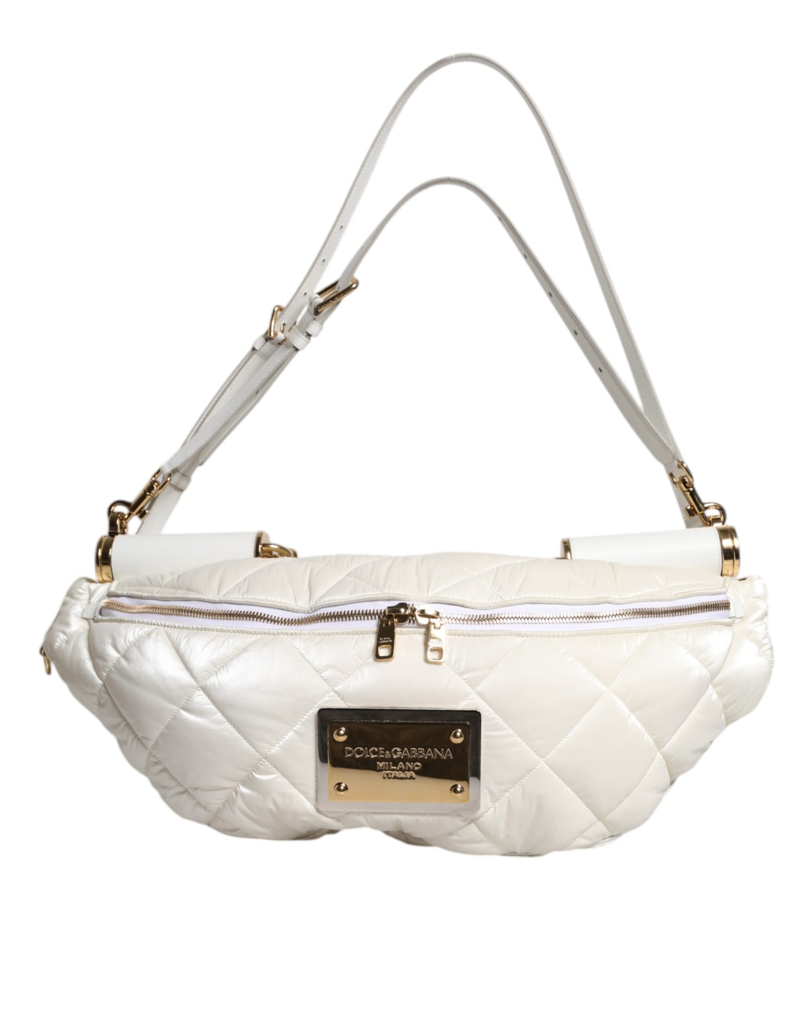 White Quilted Logo Plaque Belt Waist Fanny Pack Bag
