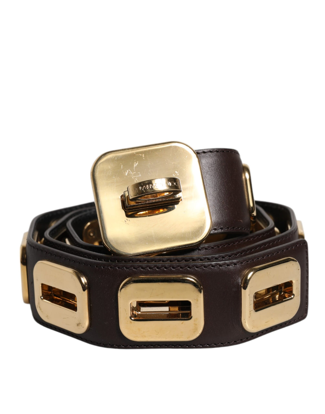 Dark Brown Leather Gold Rotating Buckle Belt