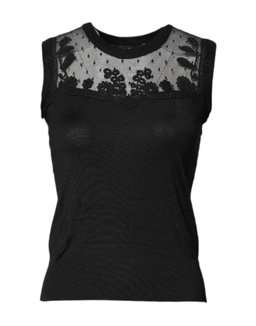 Black Lace Sheer Crew Neck Sleeveless Top