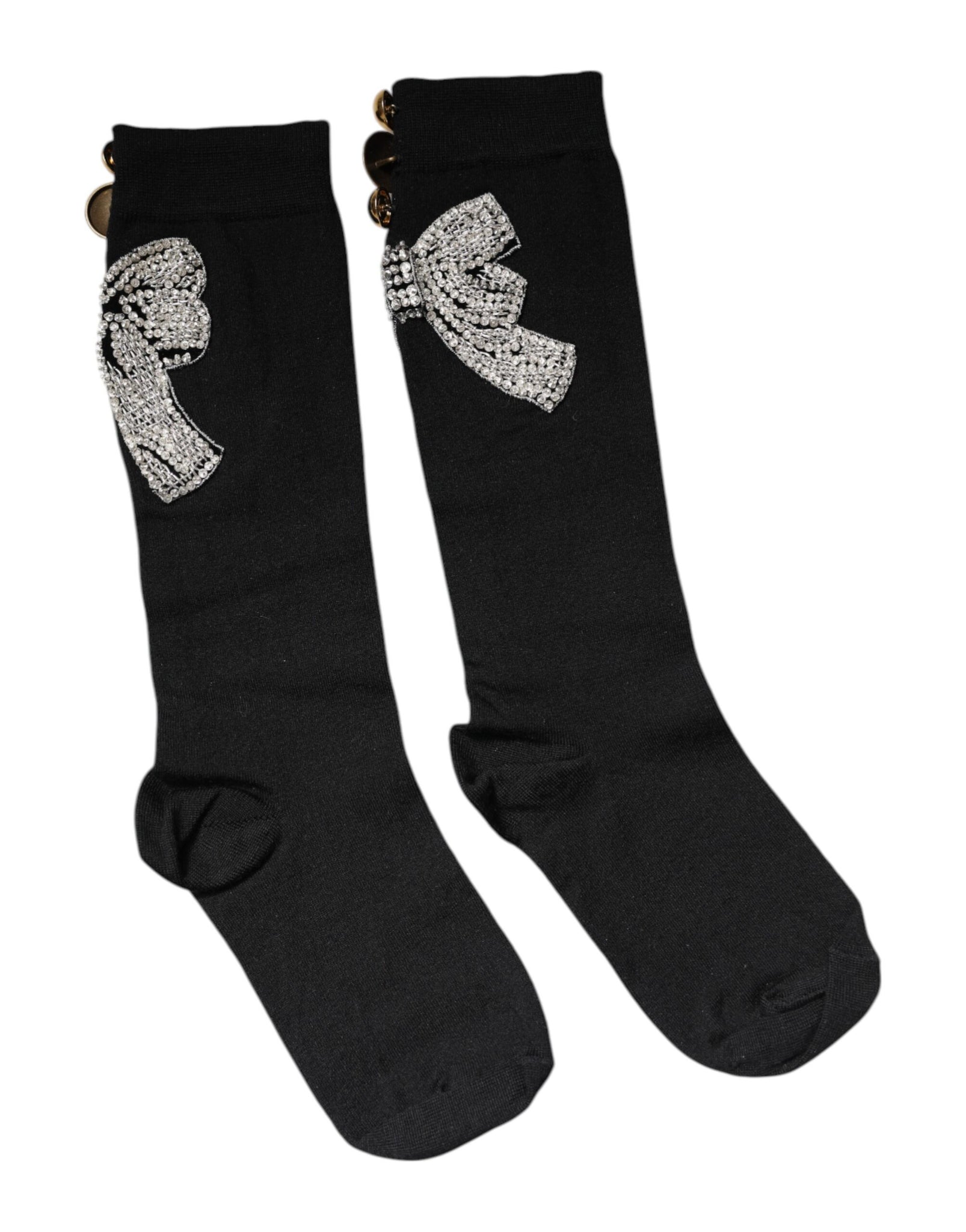 Black Knit Floral Crystal Embellishment Socks