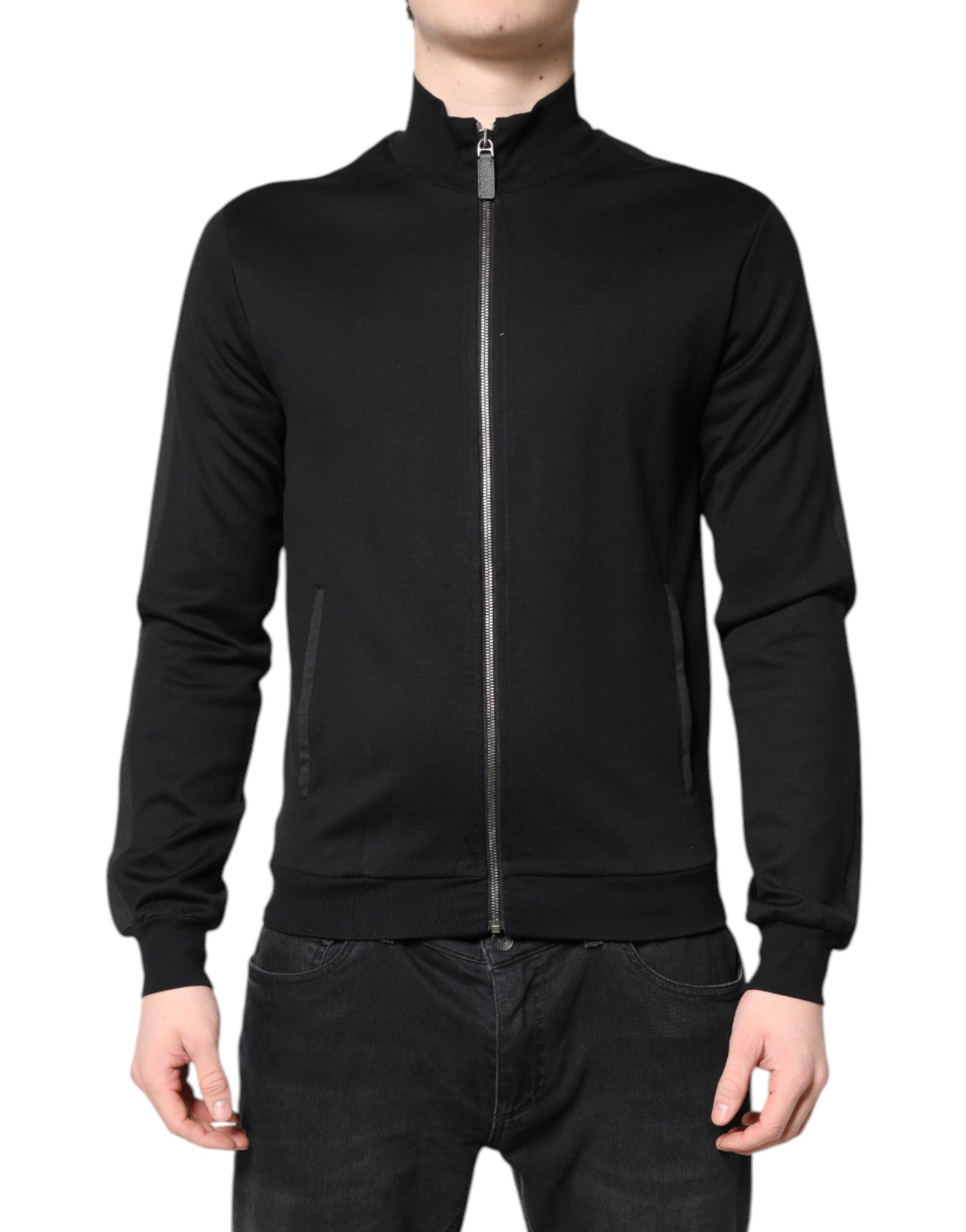 Black Cotton Logo Full Zip Men Bomber Jacket