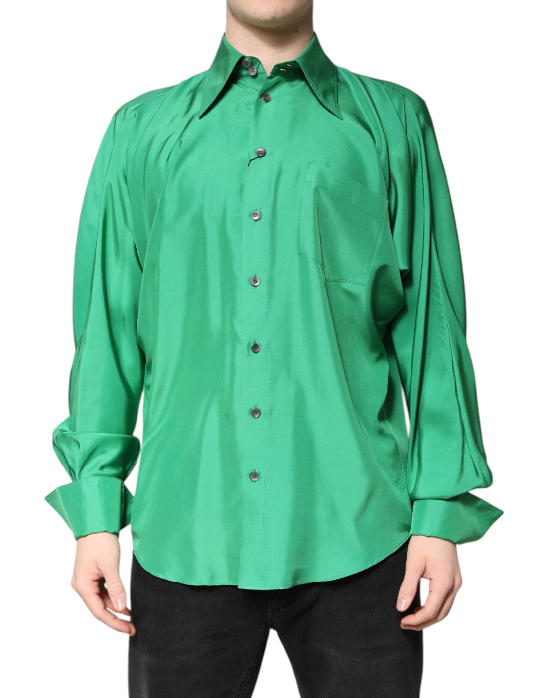 Green Silk Satin Long Sleeves Casual Shirt