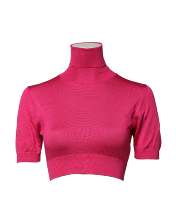 Pink Silk Knitted Turtleneck Cropped Top