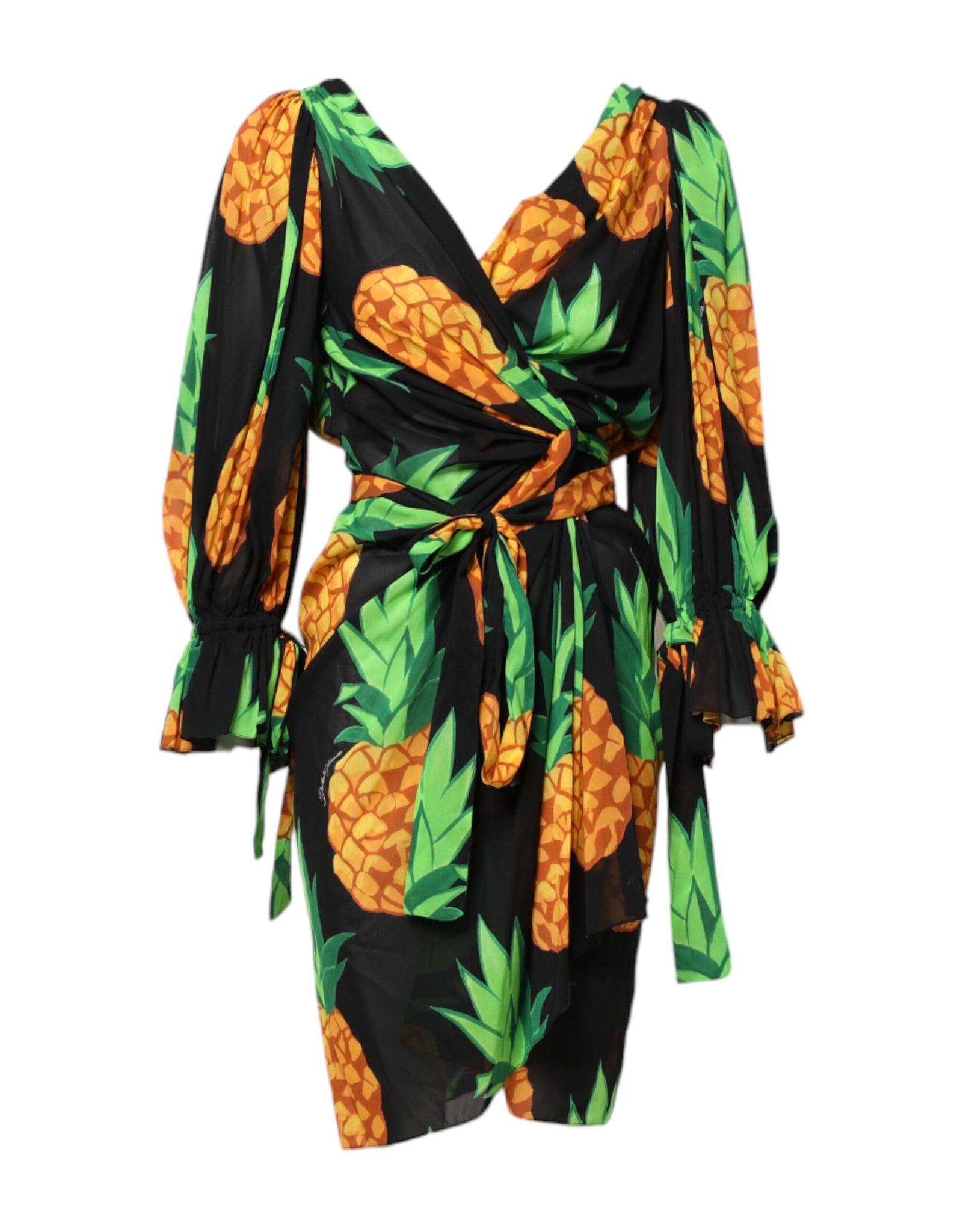 Black Pineapple Print Silk Wrap Mini Dress