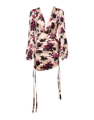 Pink Floral Silk Long Sleeves V-neck Ruched Mini Dress