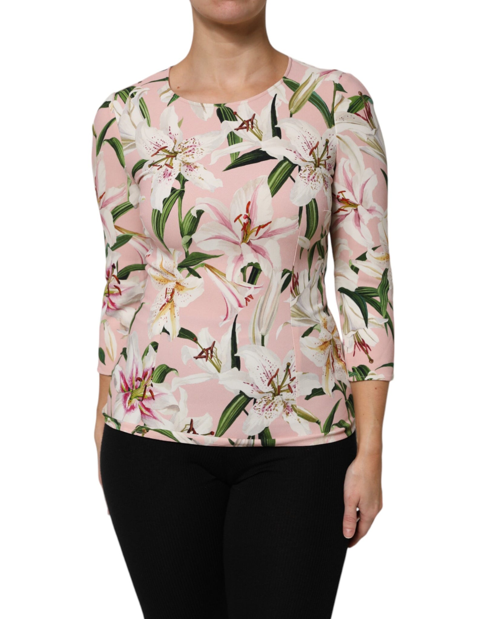 Pink Lily Print Viscose Round Neck Blouse Top