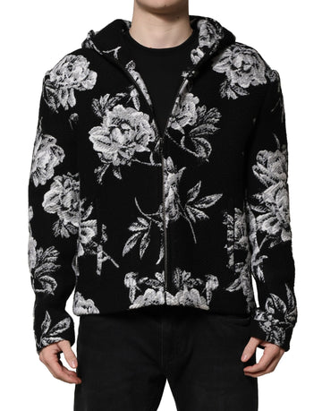 Black Wool Floral Printed Men Hooded Jacket