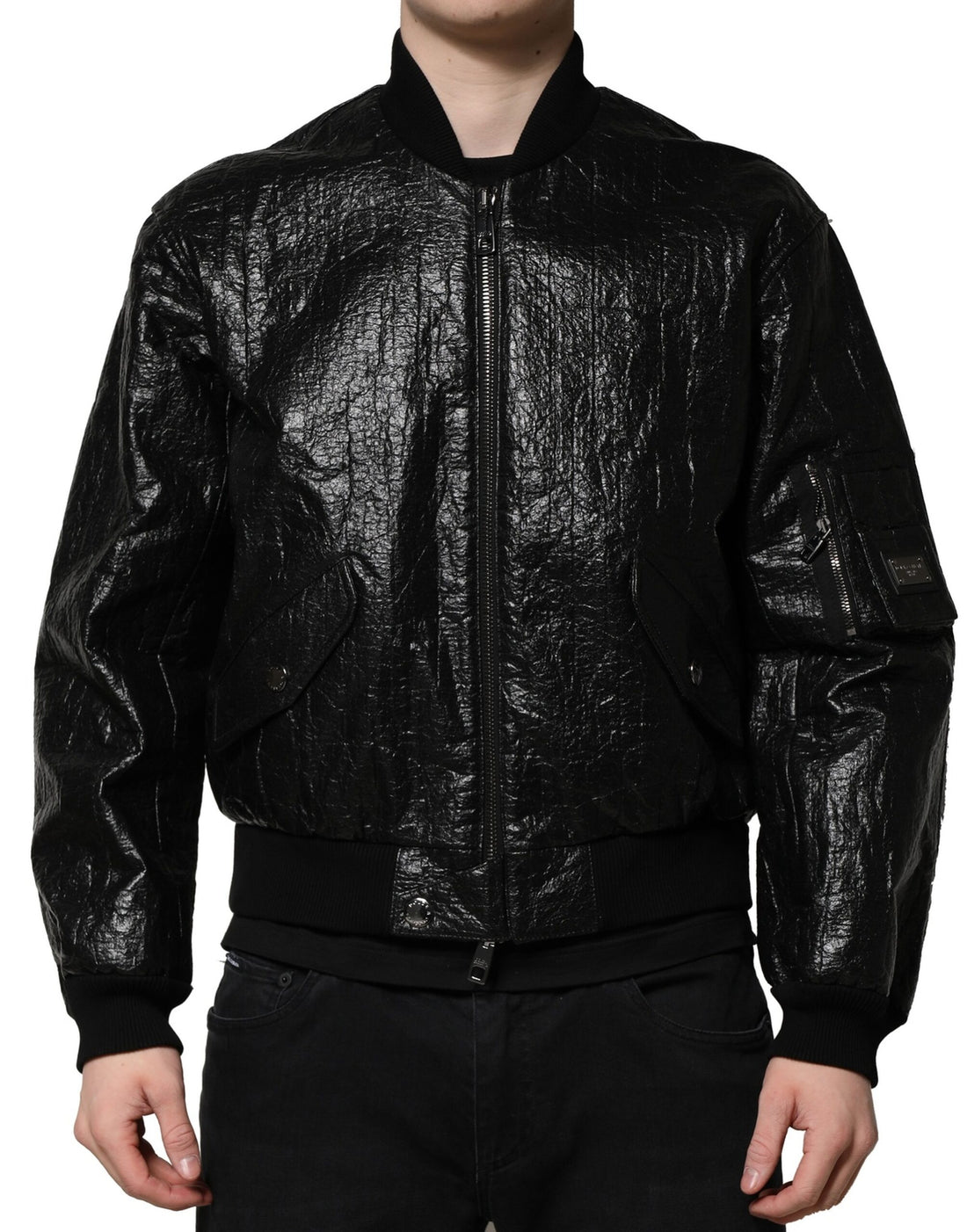 Black Logo Plaque Bomber Full Zipper Jacket