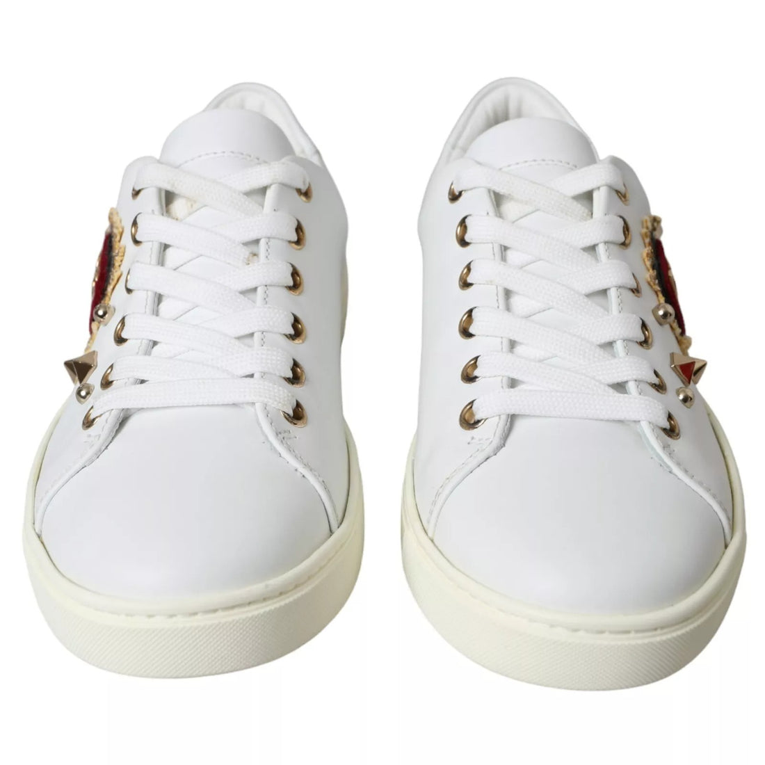 White Leather Gold Red Heart Sneakers Shoes