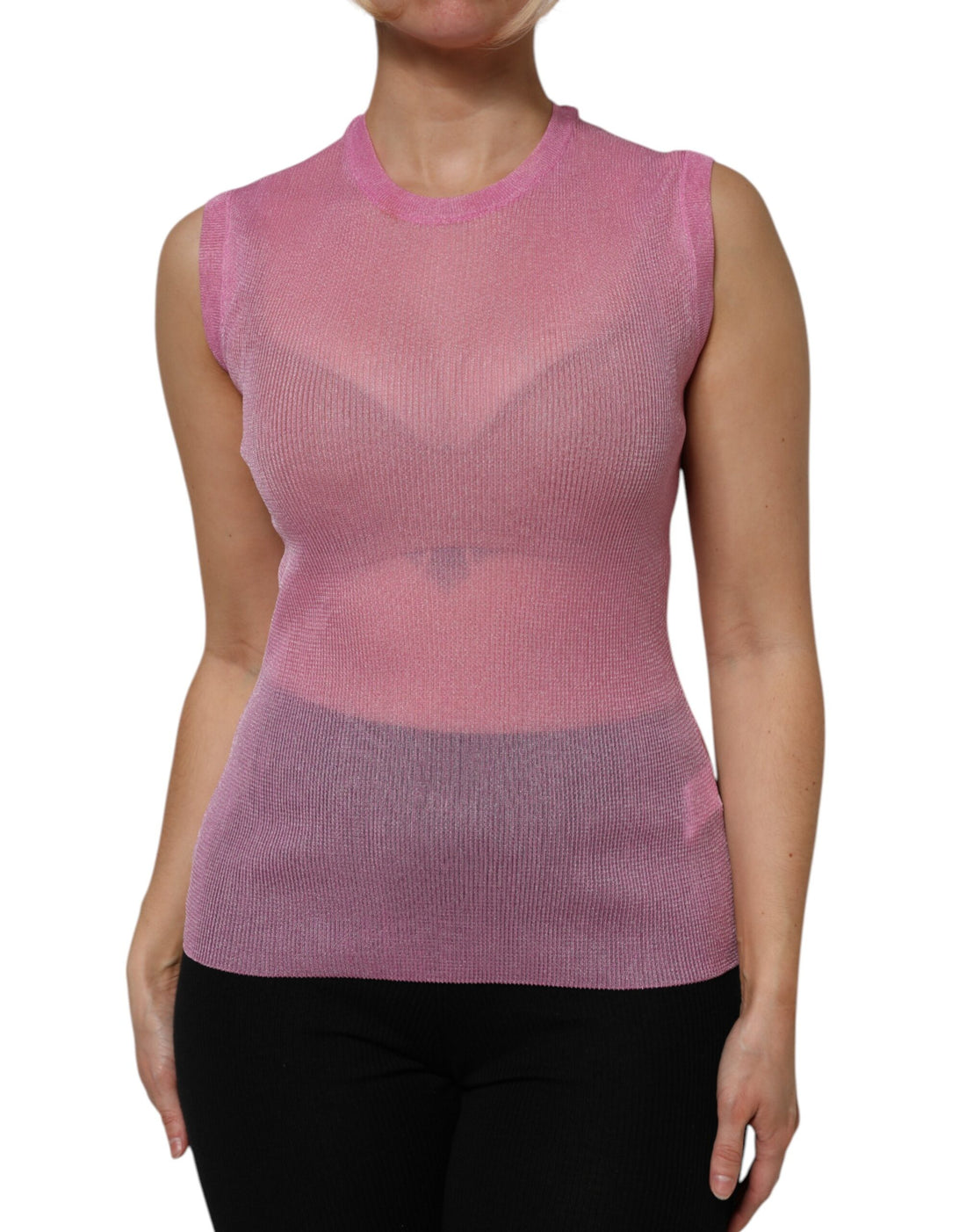 Pink Polyester Sleeveless Round Neck Tank Top