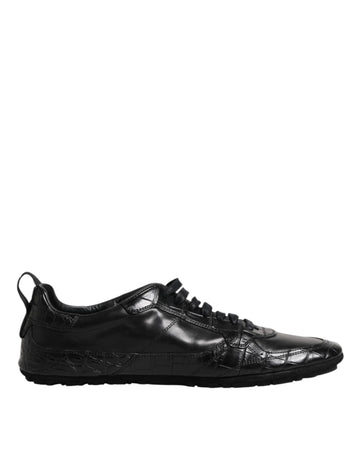 Black Exotic Leather Low Top Sneakers Shoes