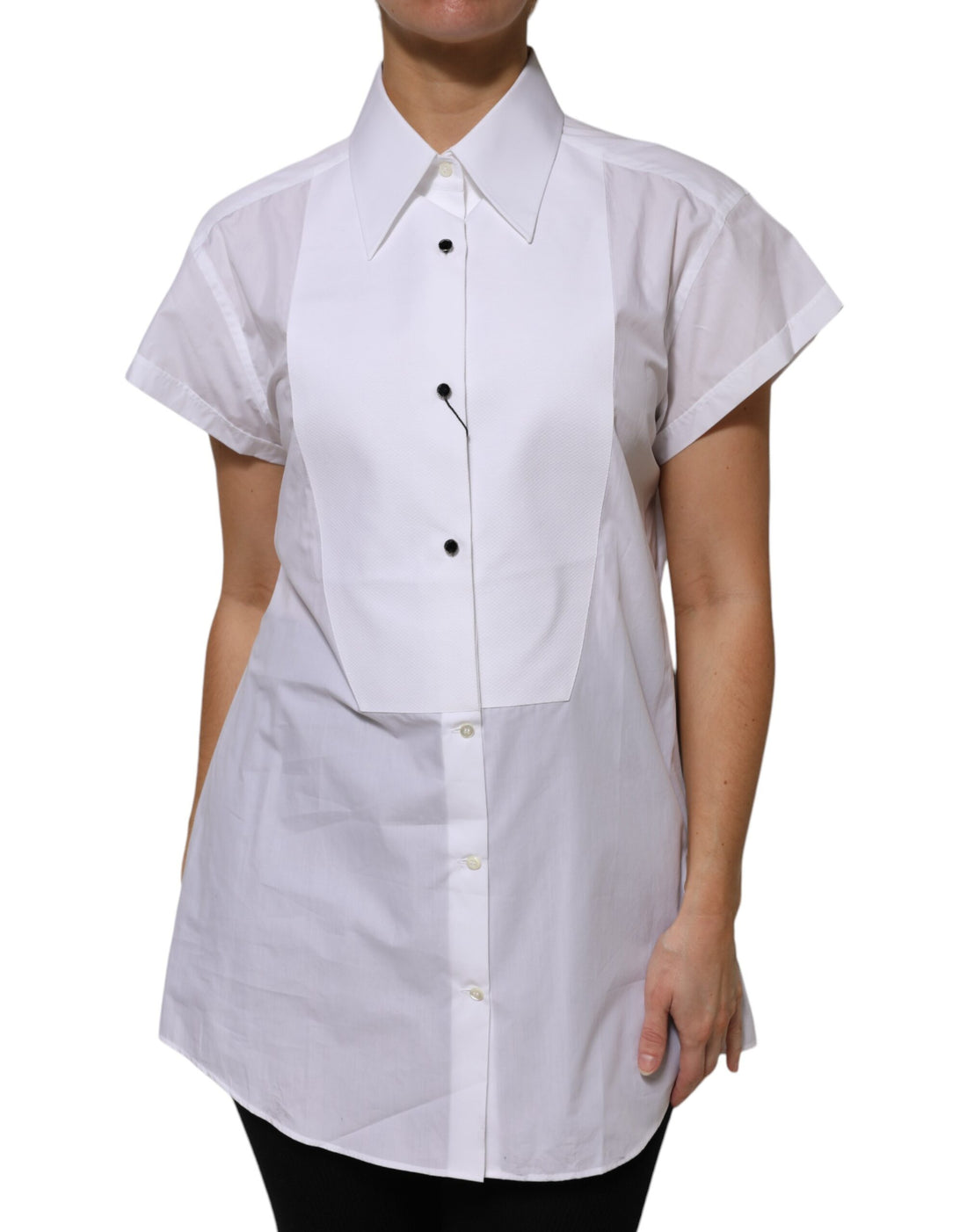 White Cotton Collared Short Sleeves Top