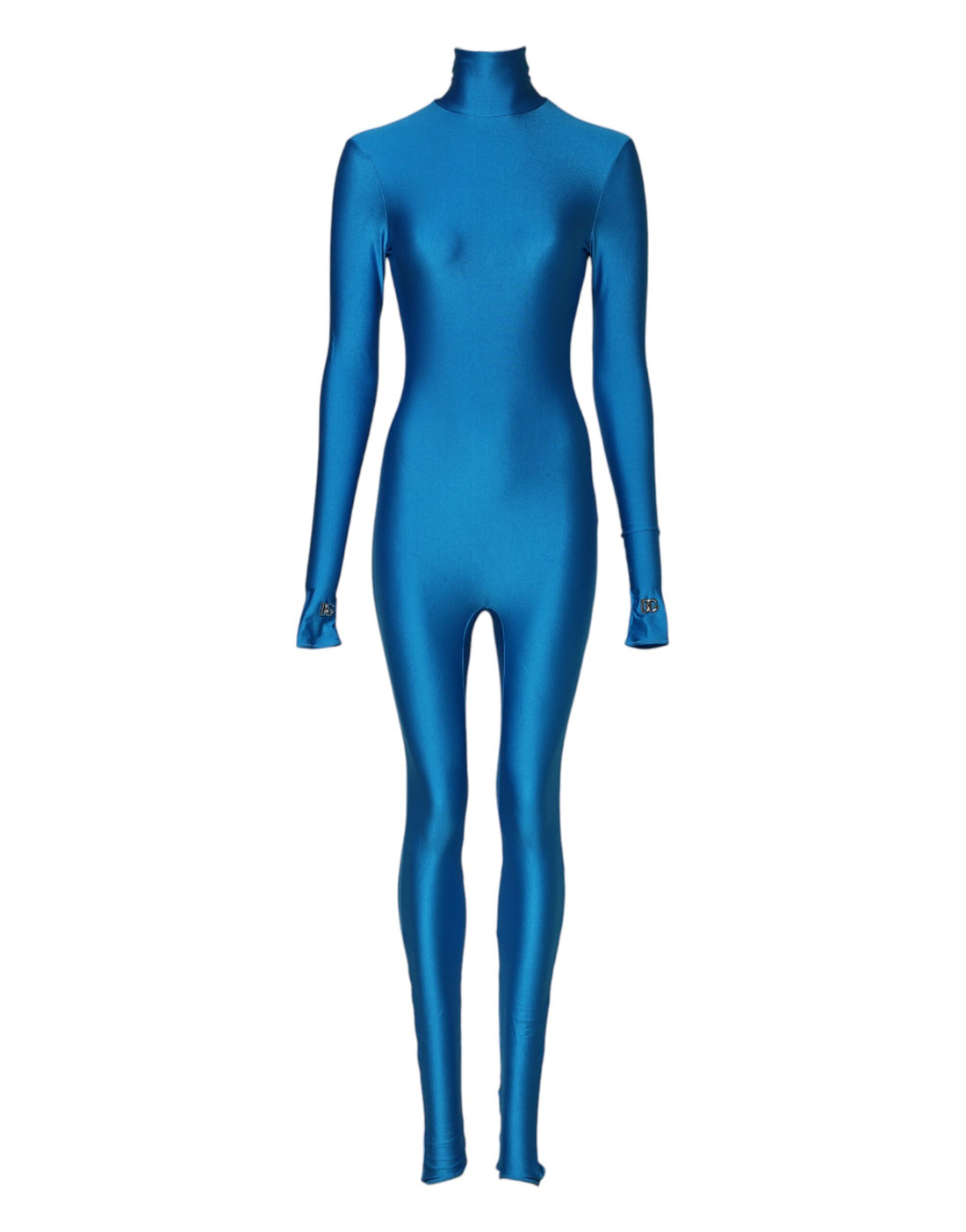 Blue Nylon Turtleneck Bodycon Jumpsuit Dress