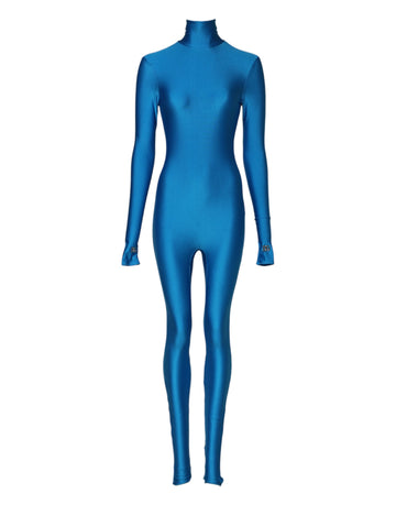 Blue Nylon Turtleneck Bodycon Jumpsuit Dress