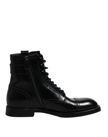 Black Leather Mid Calf Boots Lace Up Shoes