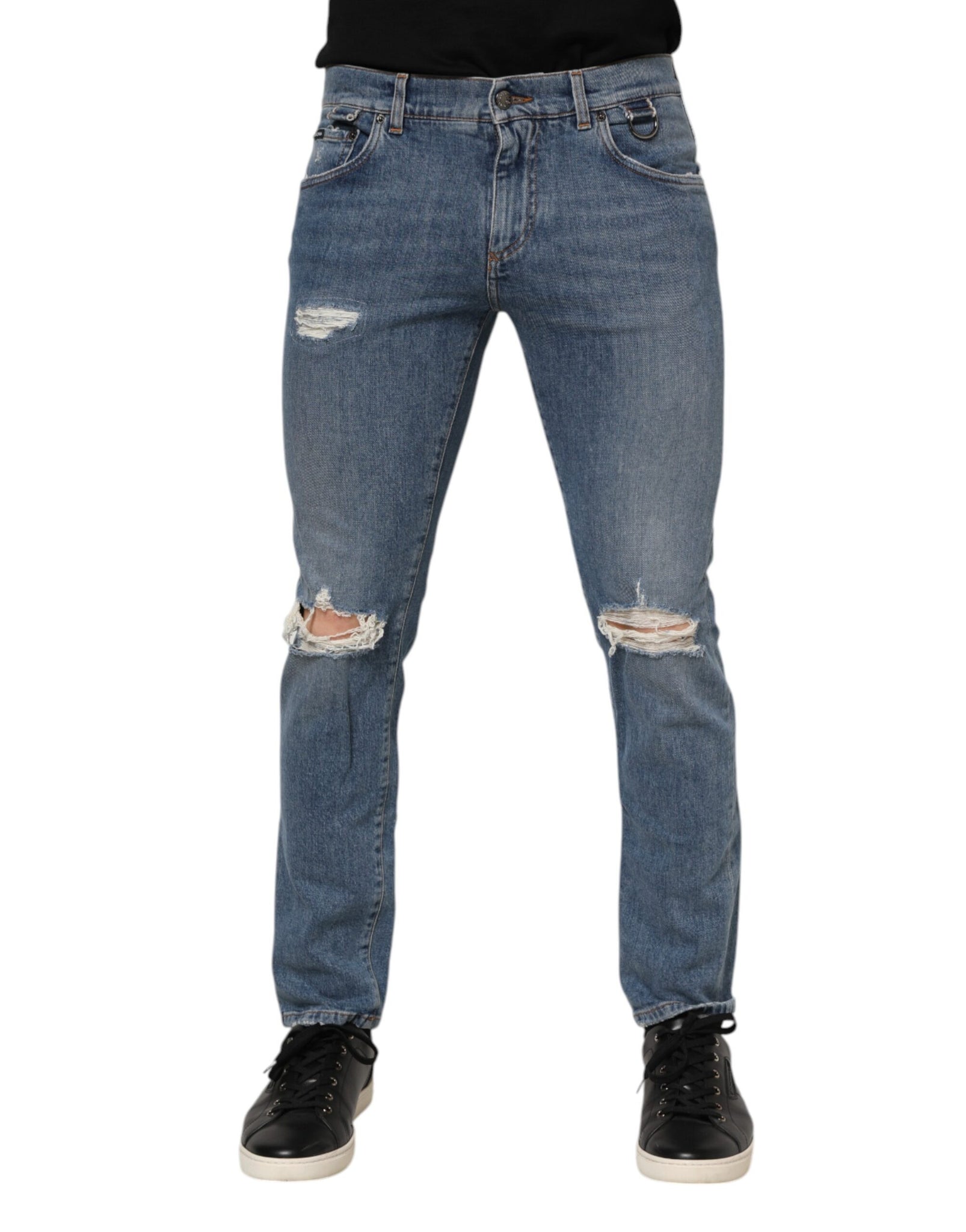 Blue Cotton Tattered Skinny Logo Denim Jeans