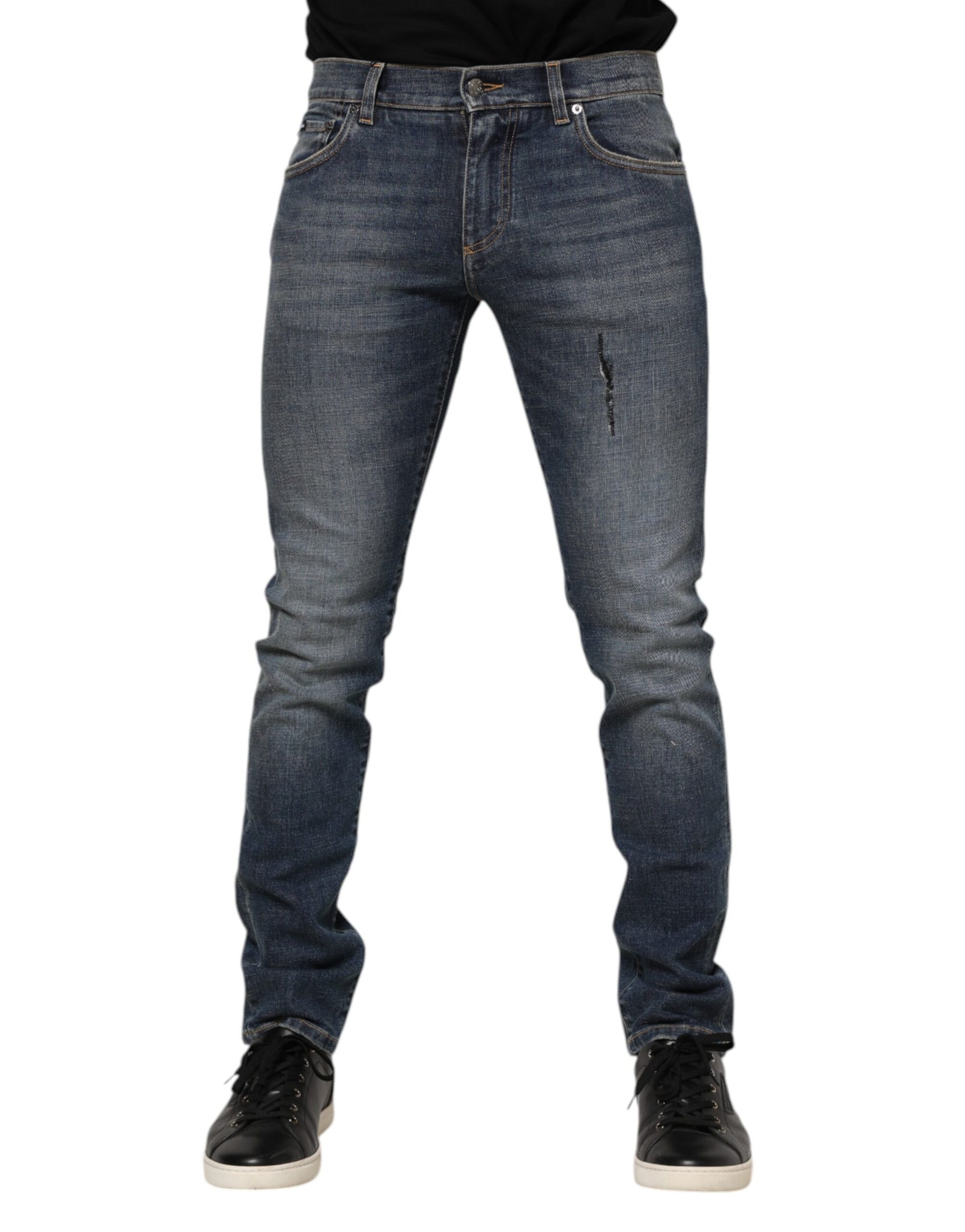 Blue Washed Skinny Logo Plaque Men Denim Jeans
