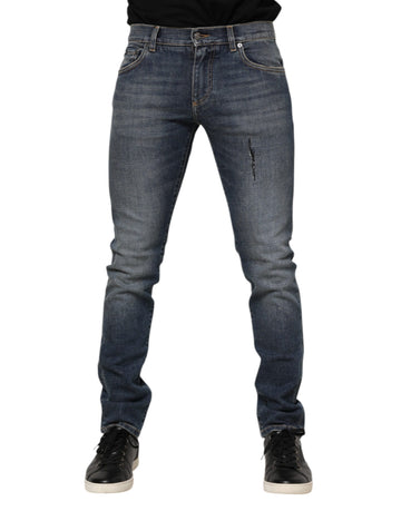 Blue Washed Skinny Logo Plaque Men Denim Jeans