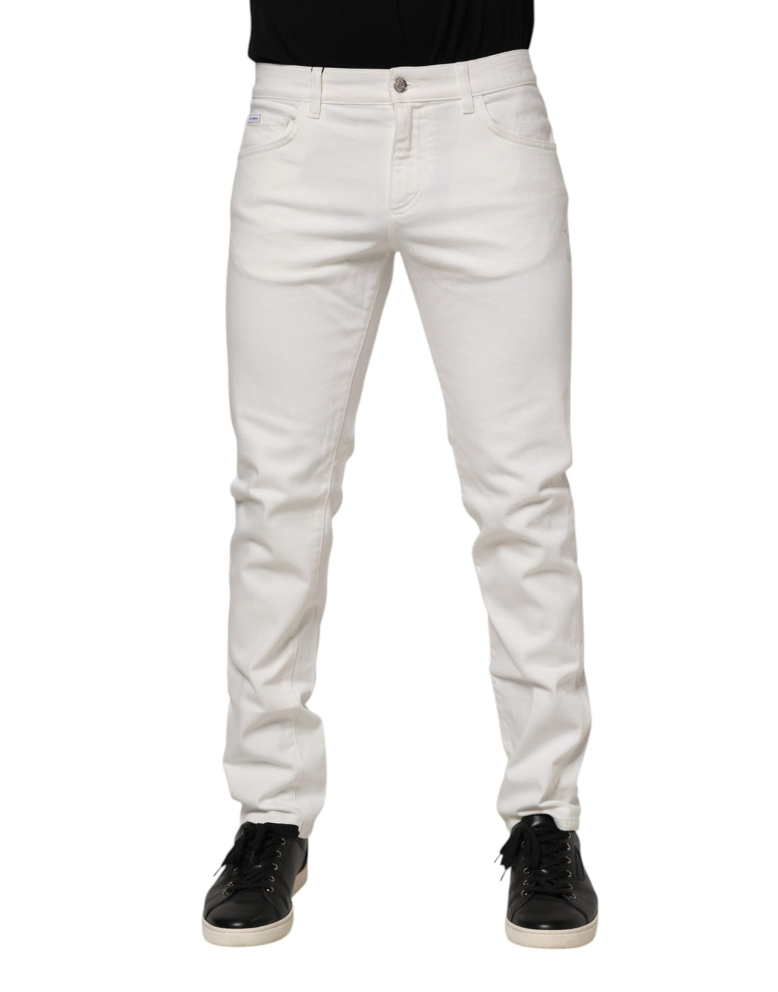 White Cotton Logo Plaque Slim Fit Denim Jeans