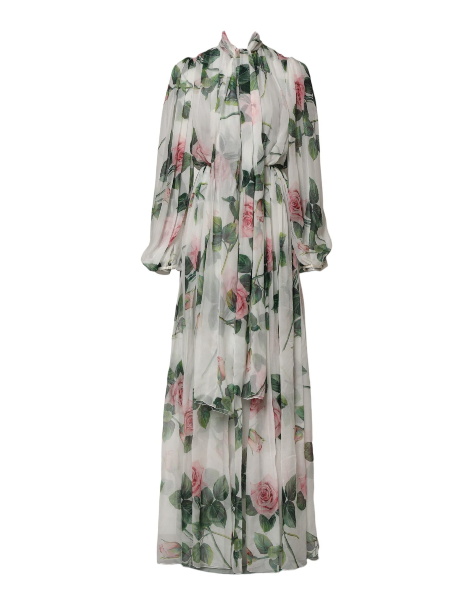 White Floral Roses Silk Maxi Long Gown Dress