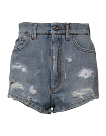 Blue Tattered Denim Cotton Hot Pants Shorts