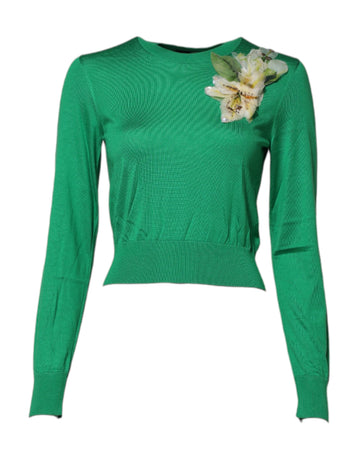 Green Floral Detailing Silk Pullover Sweater