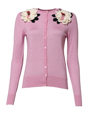 Pink Floral Detailing Cardigan Sweater