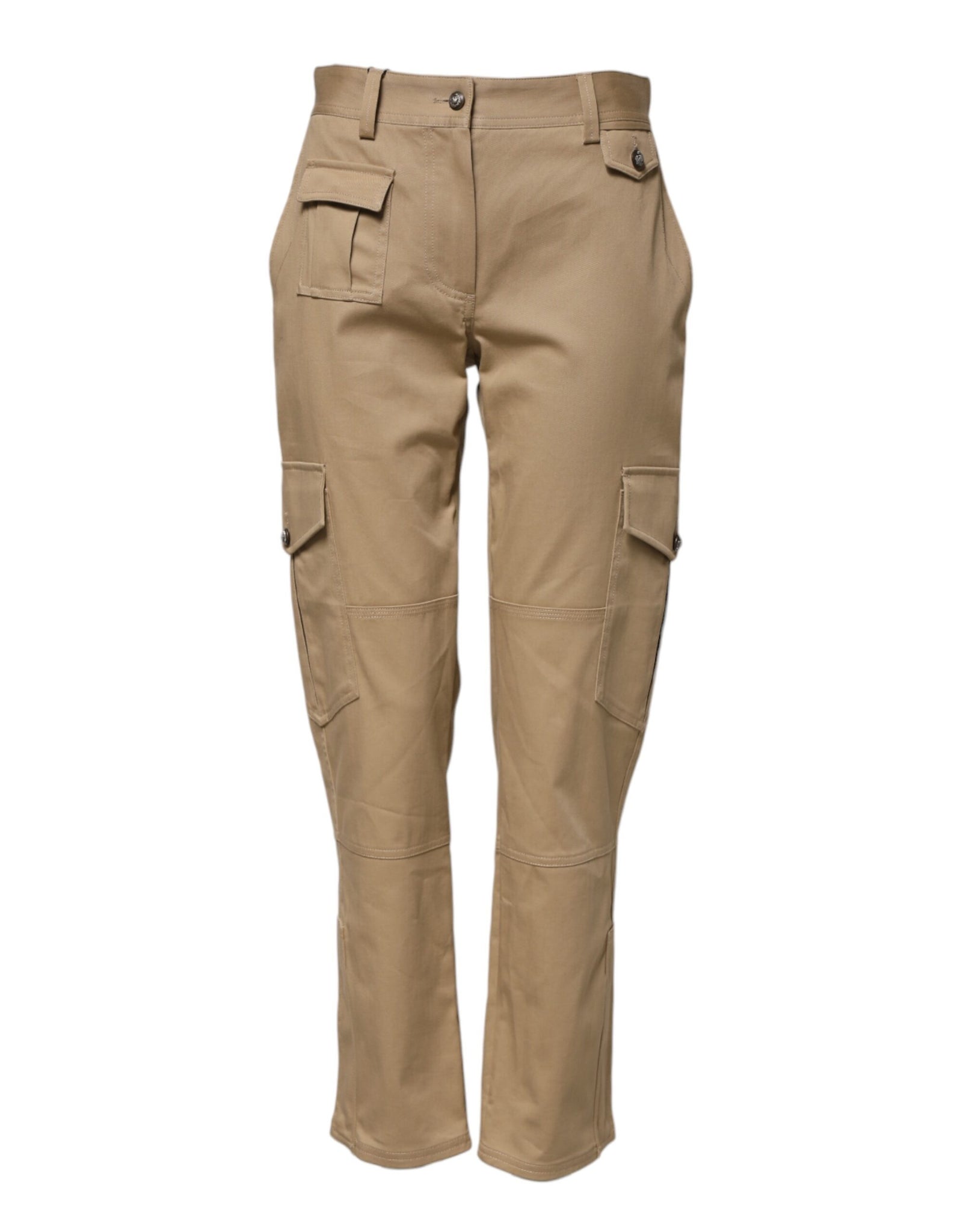 Beige Mid Waist Cargo Tapered Pants