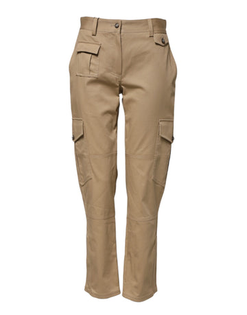 Beige Mid Waist Cargo Tapered Pants