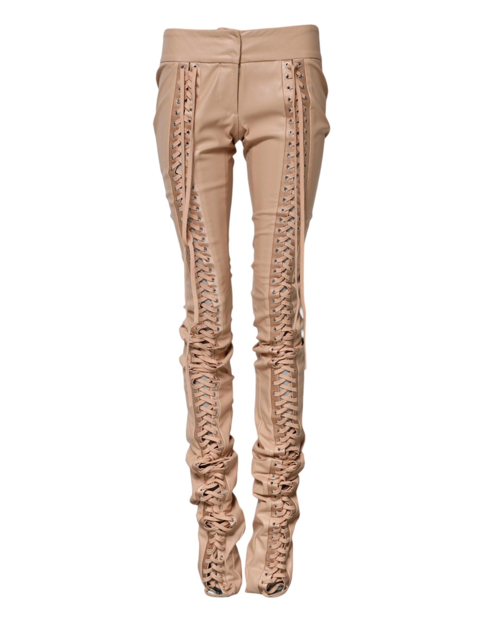 Beige Lace Details Mid Waist Skinny Pants