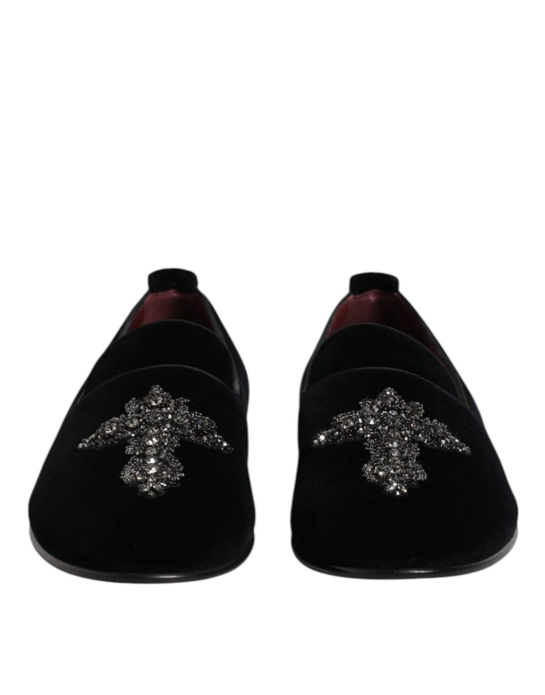Black Velvet Embellished Loafer Slip On Shoes