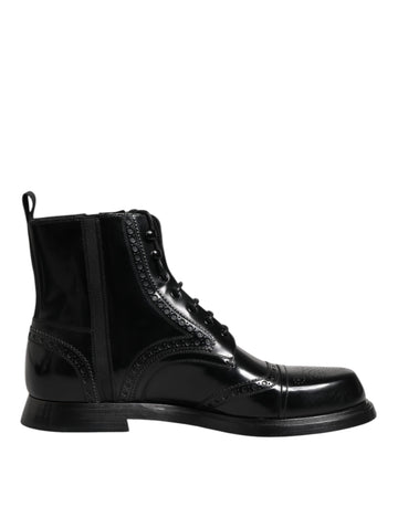 Black Leather Lace Up Mid Calf Boots Shoes