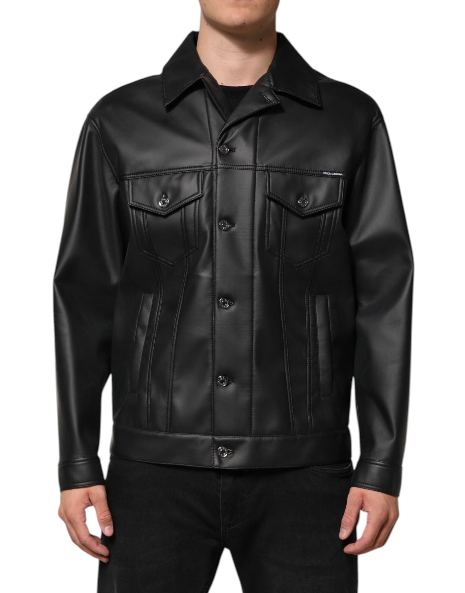 Black Polyester Button Down Biker Jacket