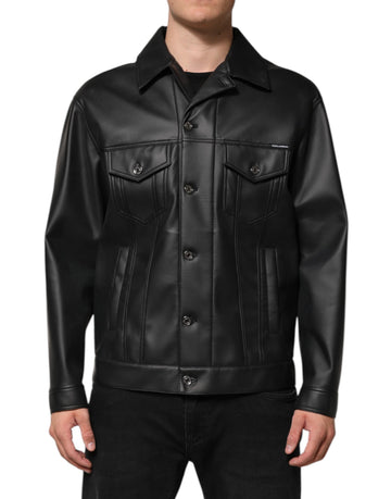 Black Polyester Button Down Biker Jacket