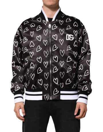Black Polyester Heart Print Bomber Jacket