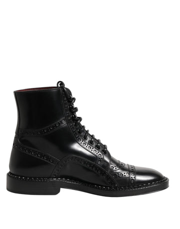 Black Leather Lace Up Mid Calf Boots Shoes