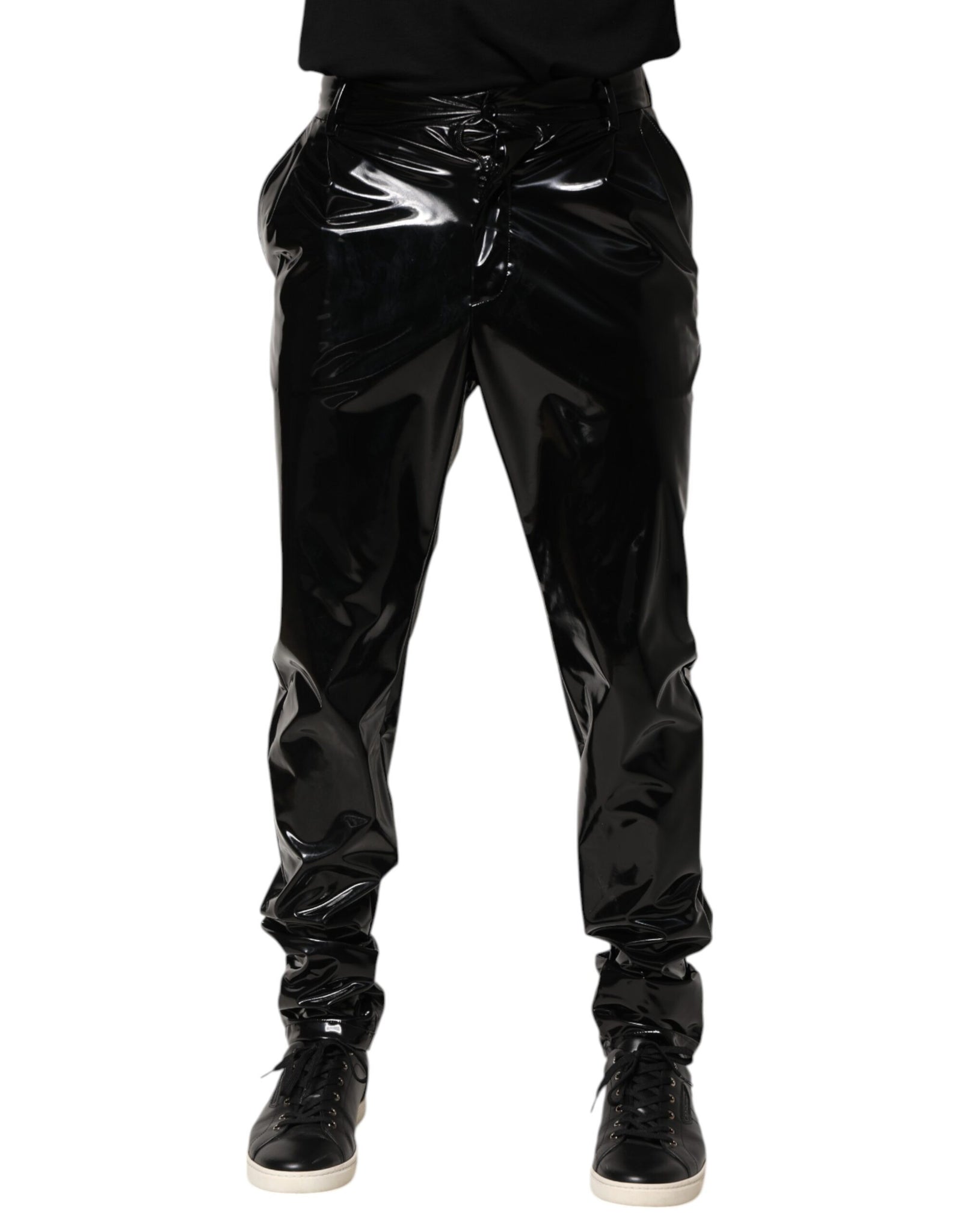 Black Polyester Mid Waist Men Trouser Pants