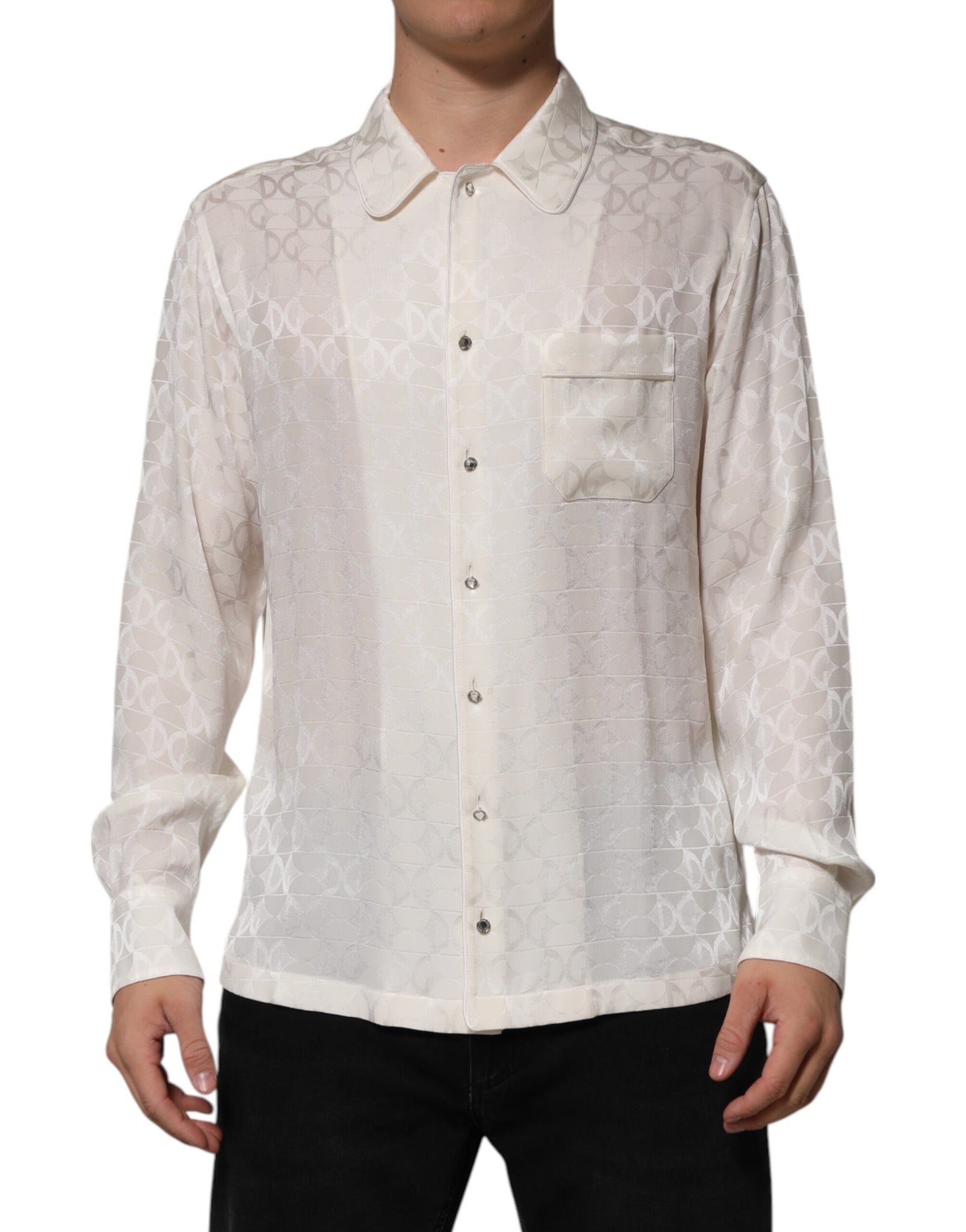 White Silk DG Logo Print Long Sleeves Shirt