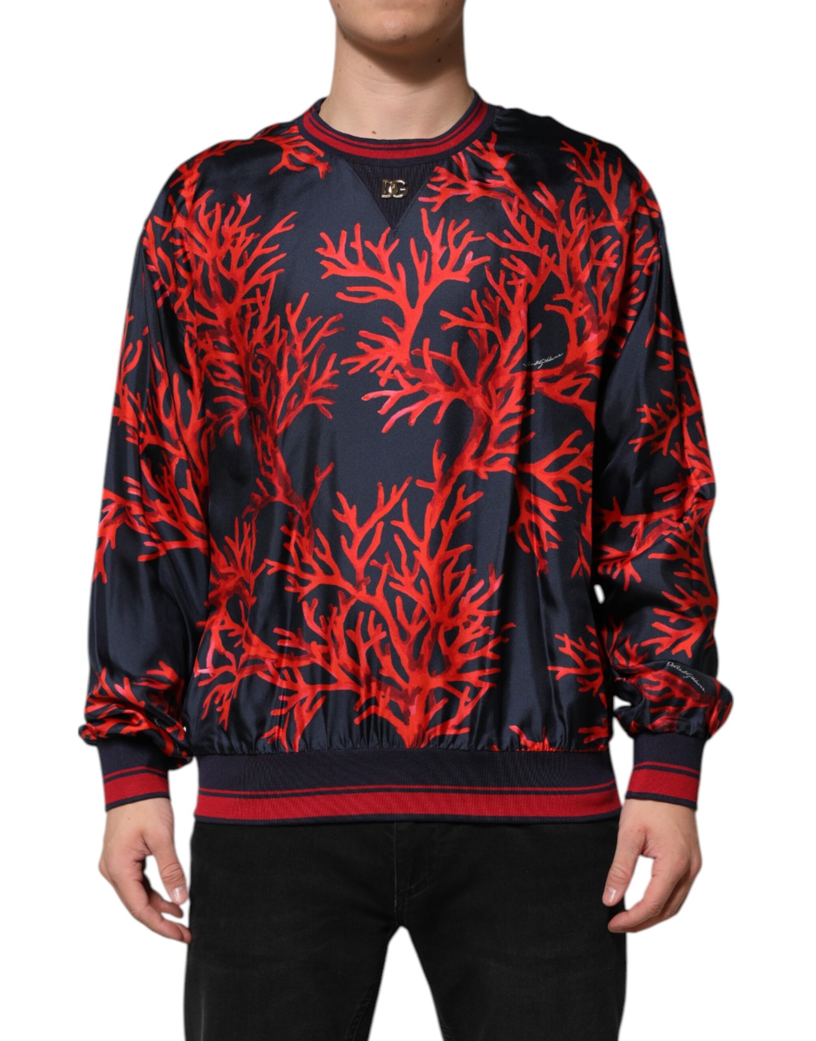 Navy Red Silk Coral Print Pullover Sweater
