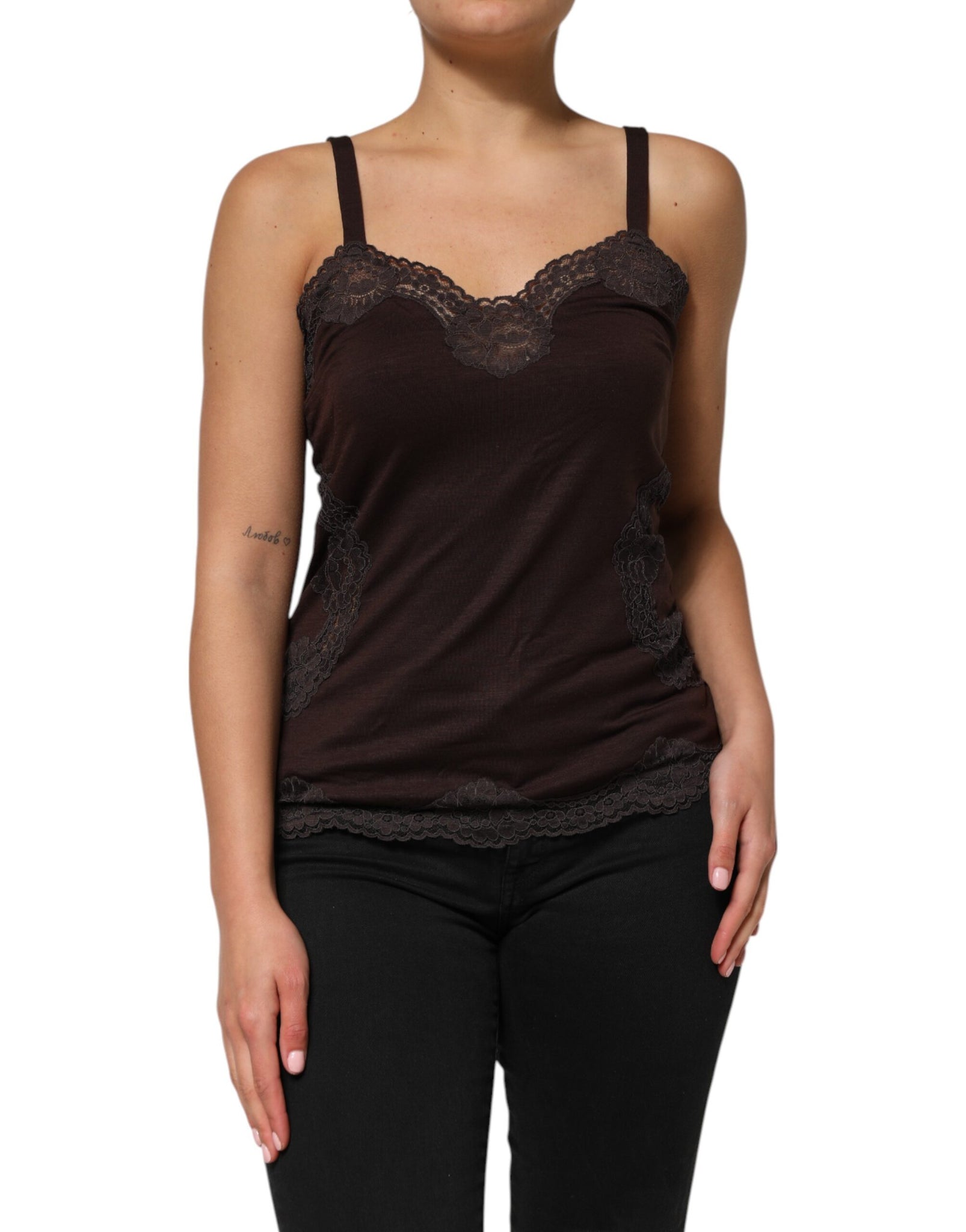 Dark Brown Lace Trim Wool Sleeveless Tank Top