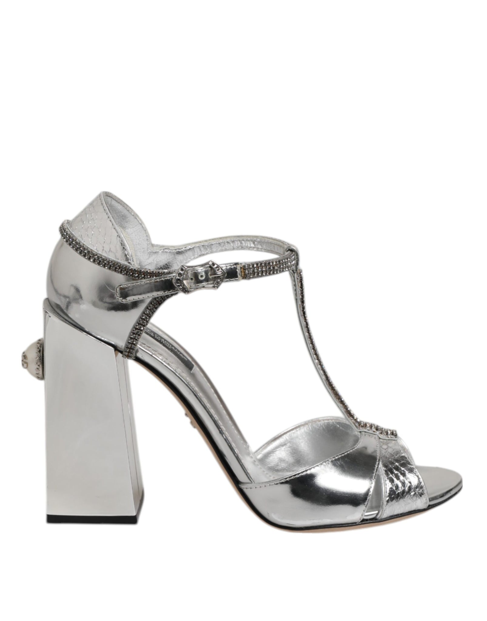 Silver Leather T-strap Heels Sandals Shoes