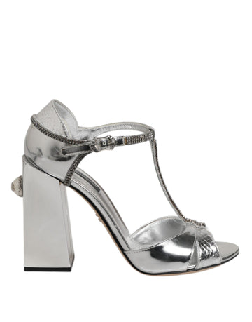 Silver Leather T-strap Heels Sandals Shoes