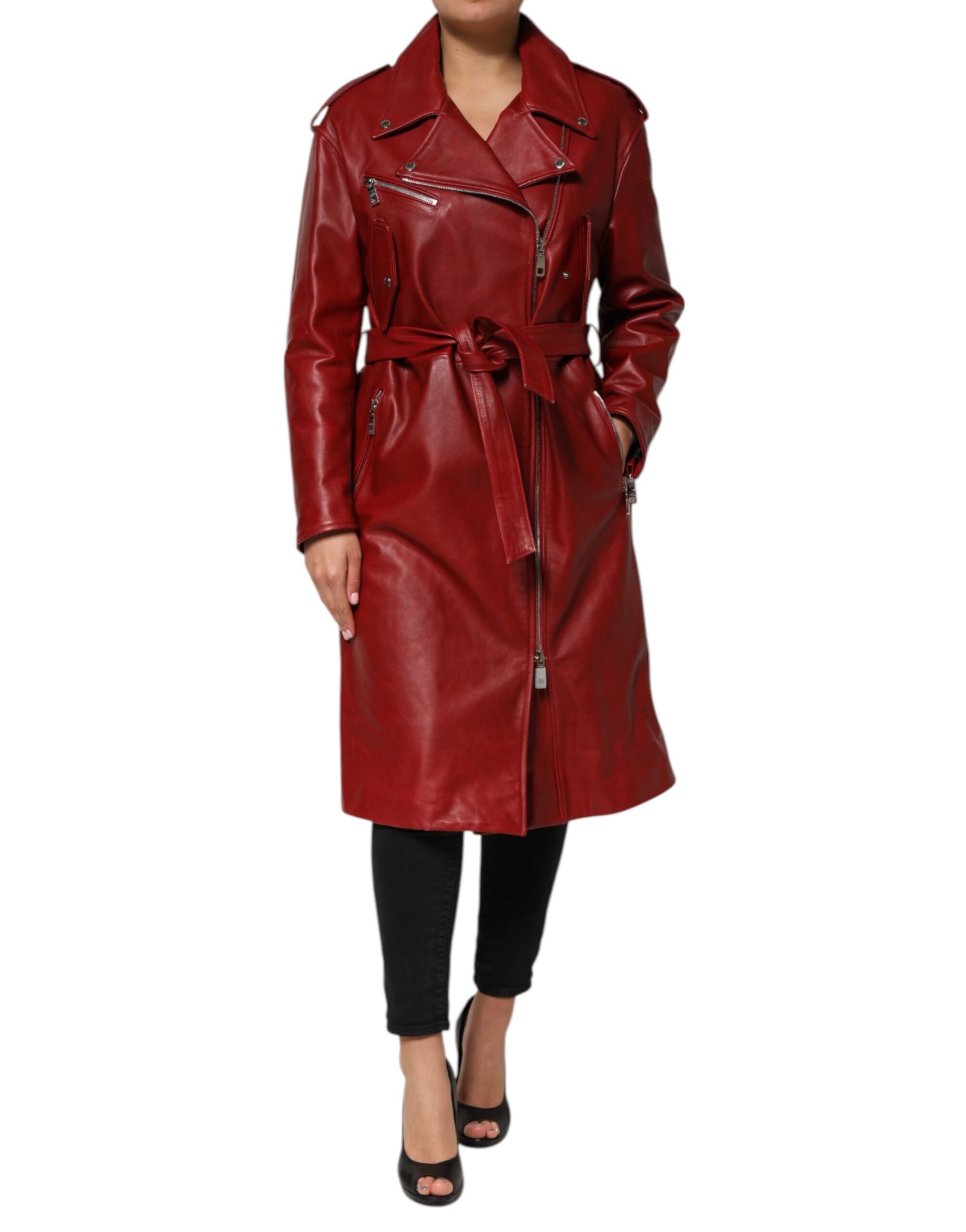 Red Leather Belted Full Zip Trench Coat Jacket