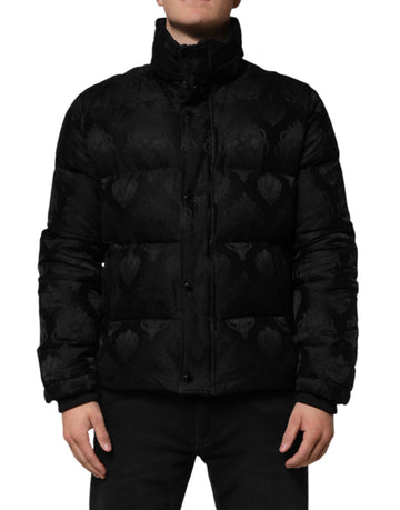 Black Jacquard Quilted Puffer Bomber Jacket