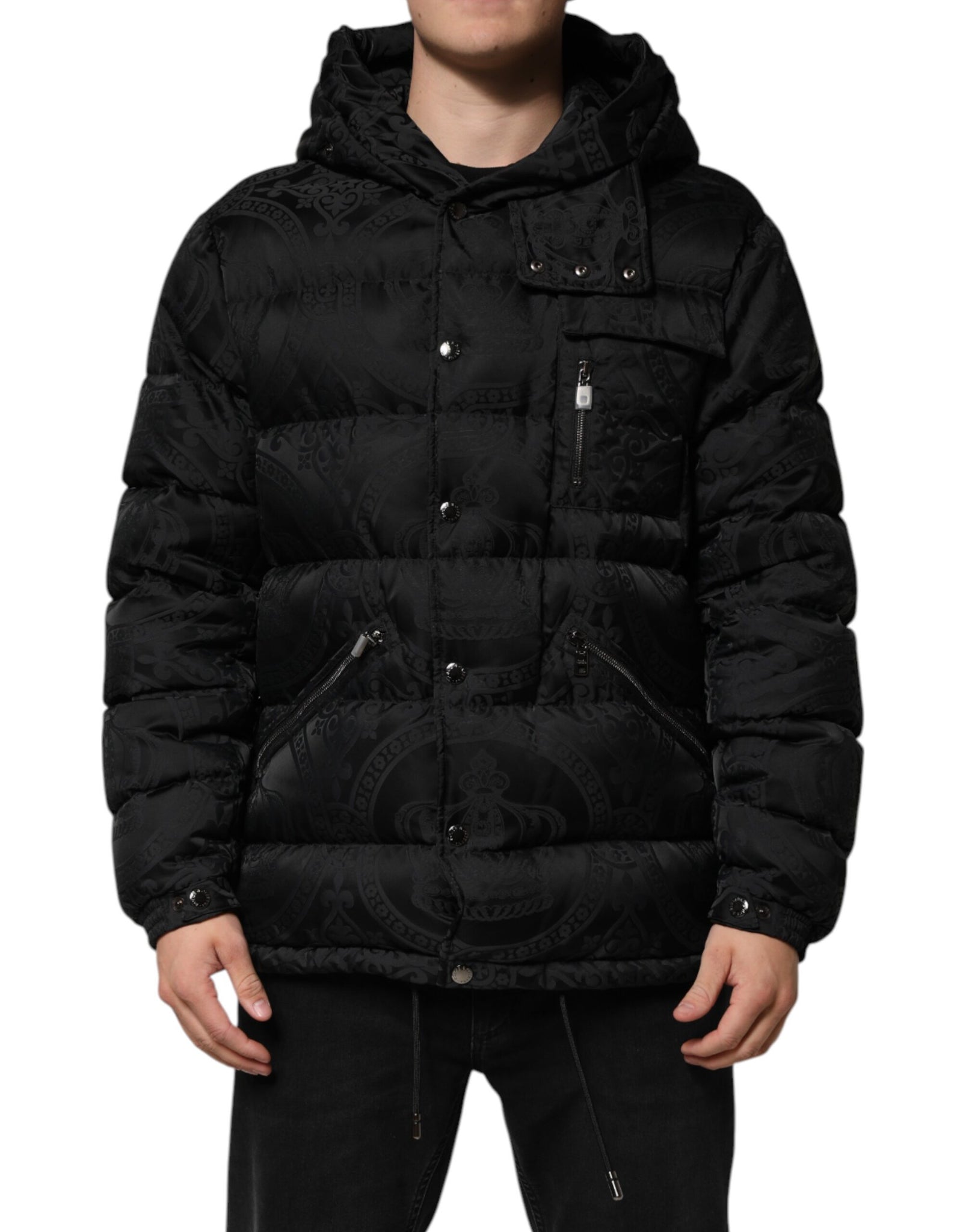 Black Jacquard Quilted Puffer Hooded Jacket