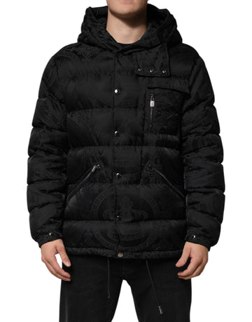Black Jacquard Quilted Puffer Hooded Jacket